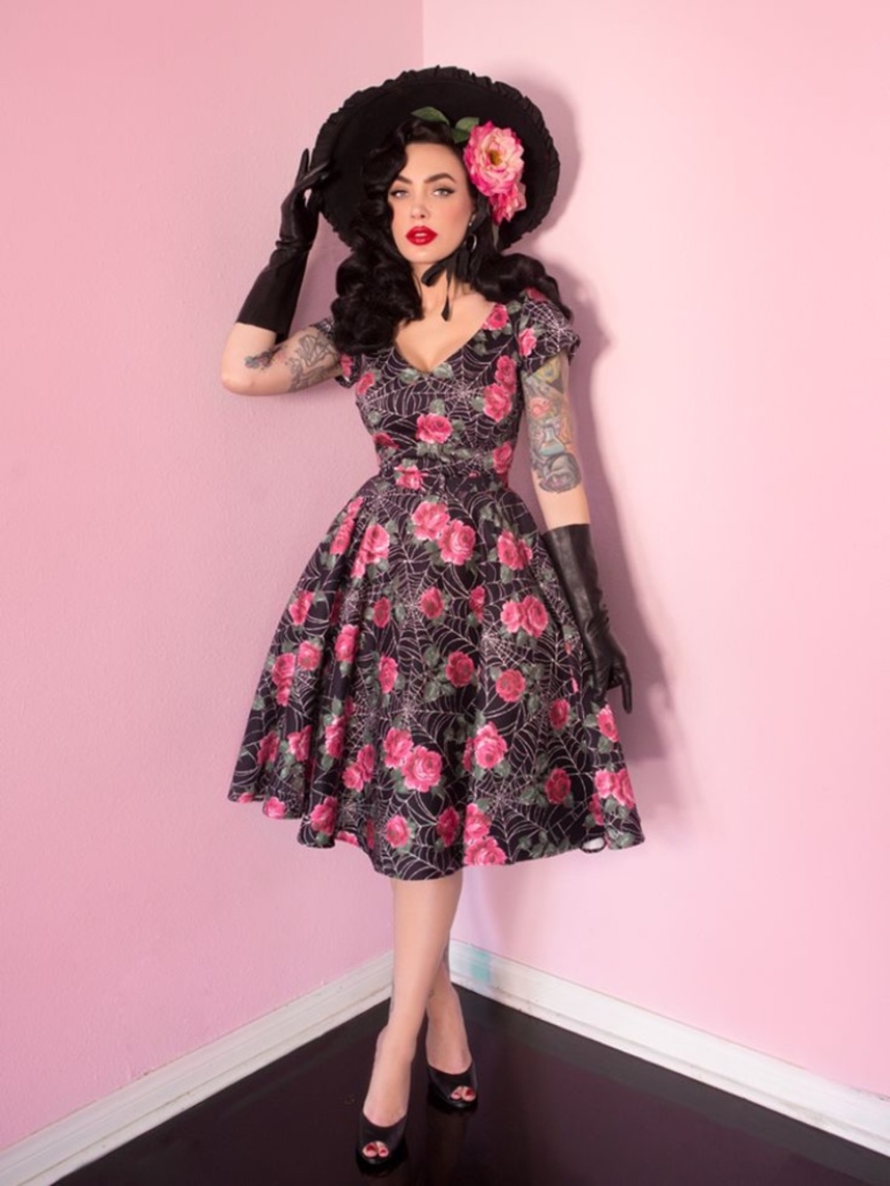 Vixen Micheline Pitt 97% cotton dress Vanity Fair retro pink floral